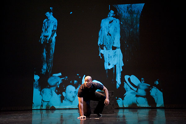 Patrick J. Sims, assistant professor of theatre and drama, rehearses for his one-person play, "Ten Perfect," in Lathrop Hall at the University of Wisconsin-Madison on Jan. 15, 2010. During the play, Sims portrays 18 characters to tell the story of James Cameron, an African-American who survived a lynching as a teenager in Indiana in 1930. Sims' public performance of the play is scheduled for Feb. 5-6, 2010, in Lathrop's Margaret H'Doubler Performance Space. ©UW-Madison University Communications 608/262-0067 Photo by: Jeff Miller Date: 01/10 File#: NIKON D3 digital frame 4272